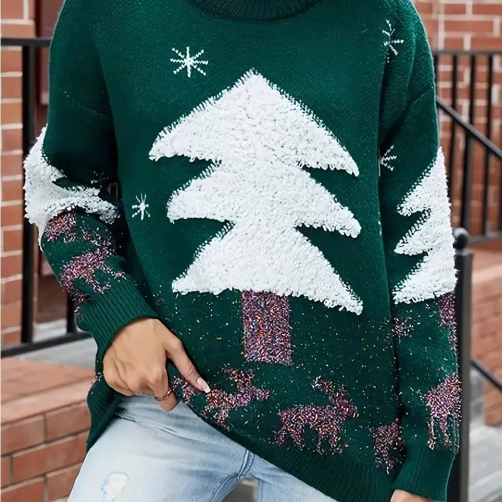 Christmas Tree Reindeer Sweater Green Sparkling Winter Scene Holiday Knit_2
